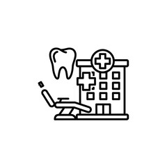 Fototapeta premium Dental Clinic Illustration Featuring Tooth, Dentist Chair, and Healthcare Building