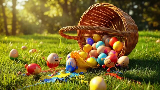 Colorful Easter eggs spill from a woven basket onto green grass, with playful painted eggs and vibrant splashes of paint creating a festive outdoor scene