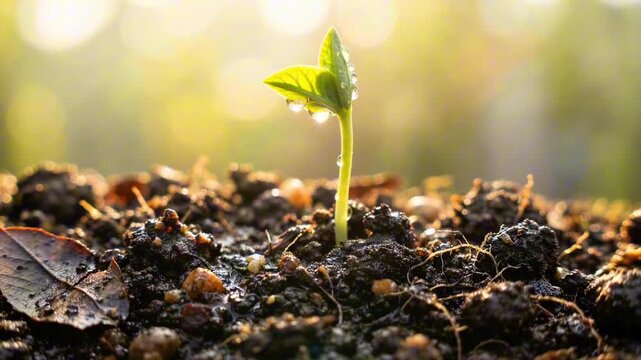 Green seedling emerging from rich soil with droplets of water glistening on leaves, illuminated by soft sunlight in a natural outdoor setting
