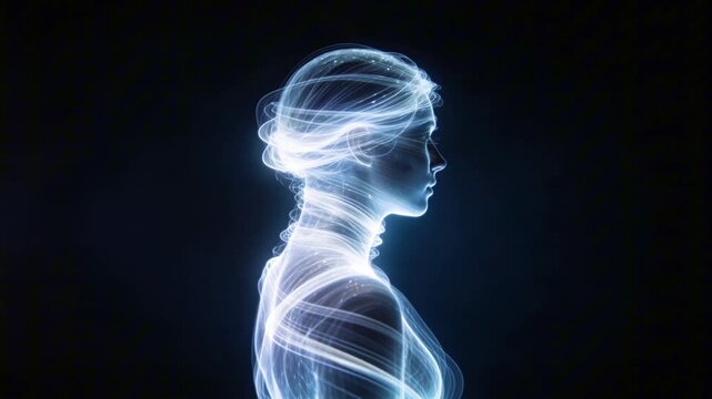 Ethereal female figure with flowing light trails surrounding her silhouette, captured in three sequential frames against a dark background, showcasing the dynamic movement of light
