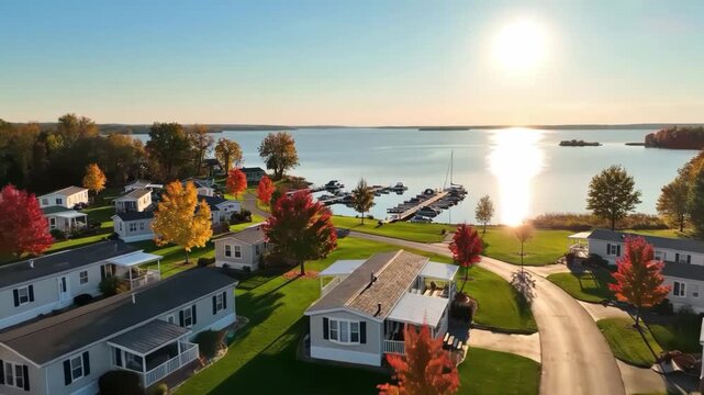 Aerial view of a serene mobile home park by the lake during sunset