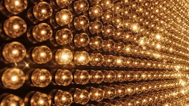 Golden beads arranged in rows with light reflections on surface