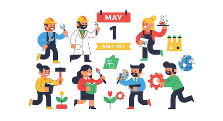 Naklejka premium Celebrating May 1st with diverse workers in various professions, surrounded by symbols of labor and industry, in a vibrant illustration.