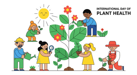 Fototapeta premium People from diverse backgrounds working together to nurture a large plant on International Day of Plant Health