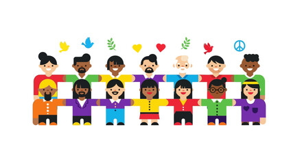 Fototapeta premium Diverse group of people standing together in unity and harmony, holding hands in a symbol of friendship and togetherness, surrounded by colorful icons