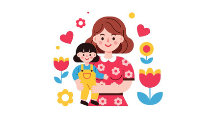 Mother embracing child surrounded by flowers and hearts in a whimsical illustration from a warm viewpoint