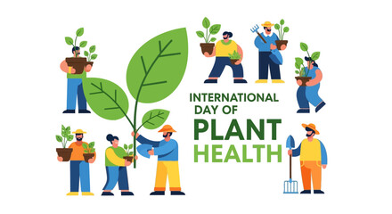 Fototapeta premium People around a large plant celebrating International Day of Plant Health with gardening tools in a vibrant outdoor setting