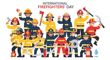 Fototapeta premium Diverse group of cartoon firefighters celebrating International Firefighters' Day in various poses with equipment
