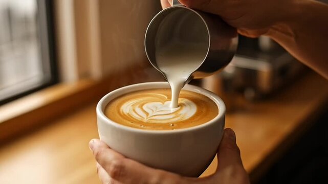 Seorang barista menuangkan susu kukus ke dalam secangkir kopi untuk membuat latte art di sebuah kafe yang nyaman.