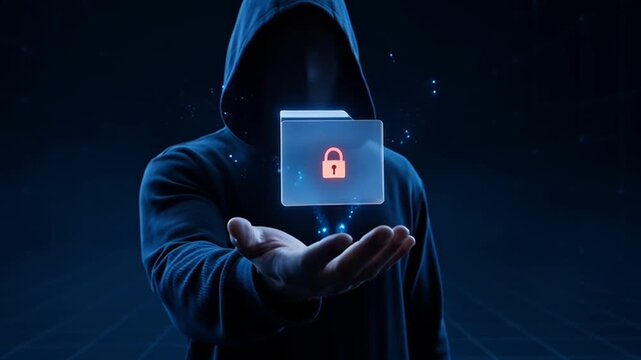 Anonymous hacker in a dark hoodie holding a glowing digital file folder with a lock icon, symbolizing data security breach and cybercrime.