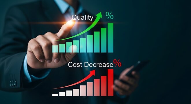 Businessman interacting with quality and cost decrease graphs