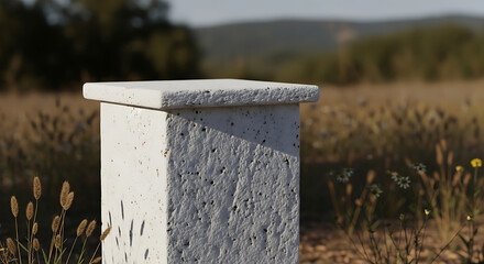 Fototapeta premium Elegant white textured stone podium display block set within a rustic natural environment featuring a minimalist uncluttered backdrop and spacious copy area for product presentation.