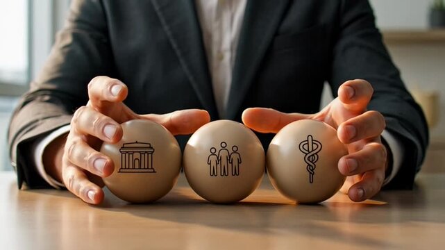 Businessman Protecting Spheres with Symbols of Finance, Family, and Health, Representing Comprehensive Security and Wealth Management Strategy