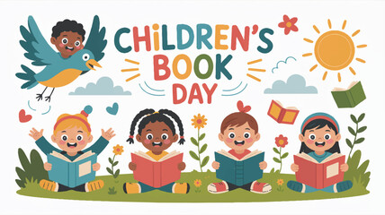 Obraz premium Happy children reading books on children's book day outdoors in sunshine with bird