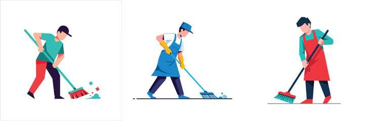 Fototapeta premium An individual sweeping the floor using a broom, flat vector illustration, simple minimalist style, white background.
