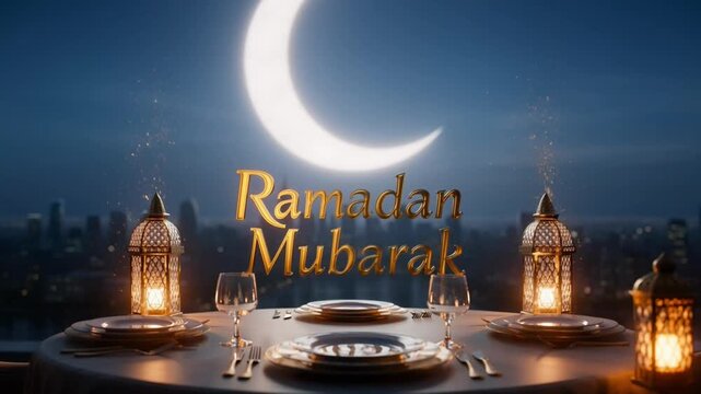 Ramadan Mubarak romantic rooftop dinner setting under a large crescent moon with city lights and ornate lanterns , Generative Ai