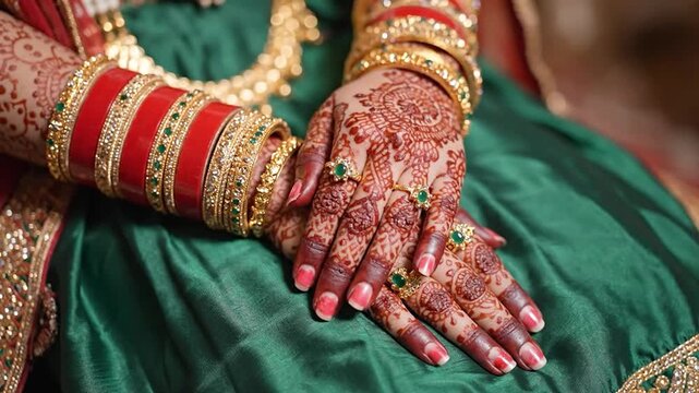 Traditional hands adorned with intricate henna and colorful bangles