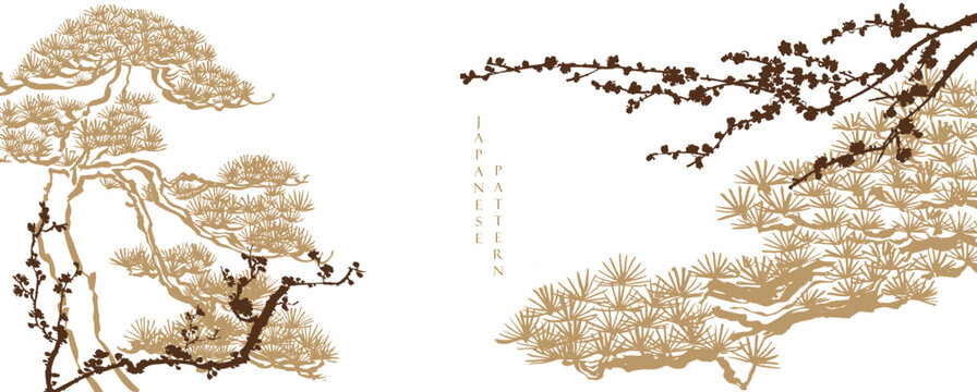 Bonsai tree branch with cherry blossom flower with Chinese painting in natural background.
