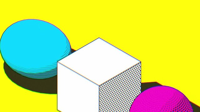 Macro view of geometric spheres and a cube featuring halftone dots and chromatic distortion against a yellow backdrop highlighting textures and technical digital art techniques
