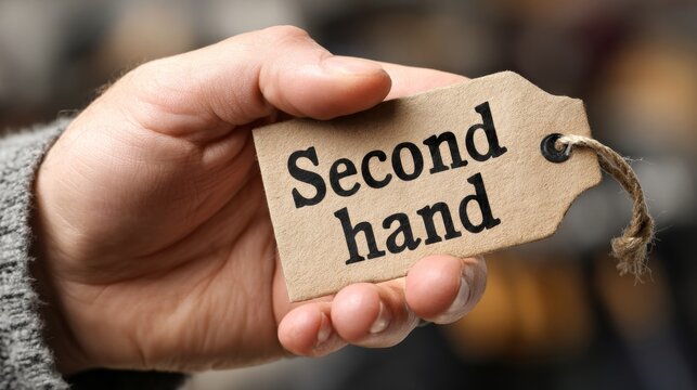 Hand holding a second hand tag showcasing eco-friendly choices and sustainable fashion for thrift shopping lovers in a vibrant retail setting. Generative AI