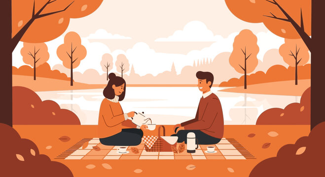 Couple Enjoying Autumn Picnic by Lake with Dog, Cozy Outdoor Fall Recreation