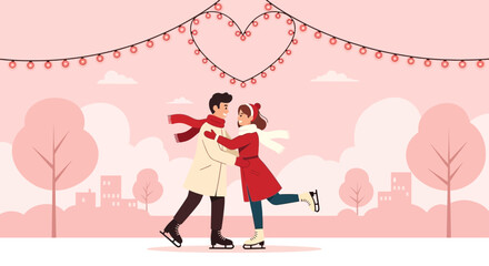 Couple Ice Skating Together in Heart Shape Lights Romantic Winter Date