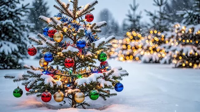 Snowy christmas tree with colorful ornaments and lights in winter scene
