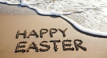 Easter greeting on sandy beach with foamy wave