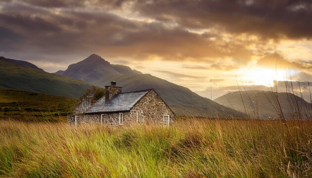 Stone Cottage Nestles In Tall Grass With Mountains Behind Under A Cloudy Warm Sky