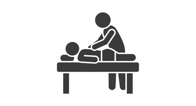 Simple illustration of a massage therapist giving a massage to a client on a table.
