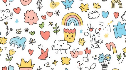 Fototapeta premium Colorful Cartoon Doodles on White Background Featuring Rainbow Clouds Hearts Flowers Pot Plant Cute Bunny Stars and Leaves