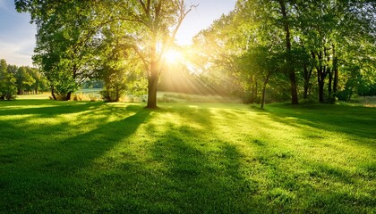 Obraz premium Beautiful Landscape With Sunlight Shining Through Green Trees And Grass