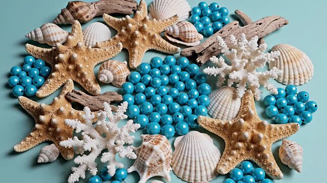 Starfish, seashells, coral, blue beads on light blue background