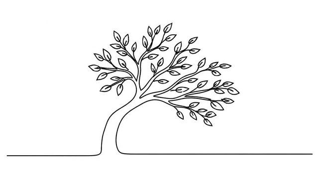 Minimalist one line drawing of a tree with leaves