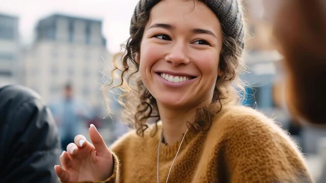 Young woman laughs heartily at cafe table. Her curly hair peeks from beneath a knitted hat. Warm brown sweater hugs her shoulders snugly. She claps hands gently, joyful and engaged