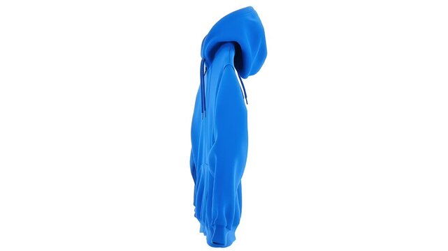 A close-up side view of a bright blue hoodie. The hoodie is made of soft material and has a comfortable hood and a front pocket