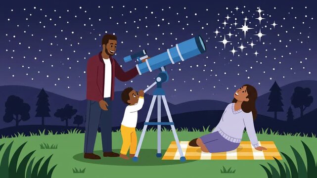 Animated african american family stargazing with telescope under night sky full of stars in a peaceful setting
