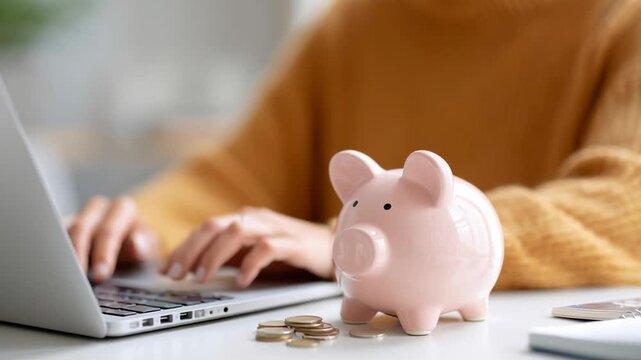 Pink piggy bank sits beside laptop. Person types on keyboard, focused on finances. Coins rest near piggy bank, symbolizing savings. Soft focus suggests calm, thoughtful budgeting