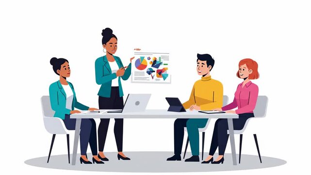 Animated business meeting with data presentation and diverse team collaboration in bright office environment