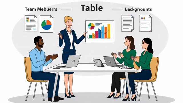 Animated business team meeting presentation with bar graphs and reports clapping and congratulating speaker