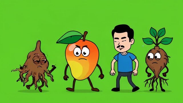 Animated cartoon man with upset mango and roots characters on green background,education concept