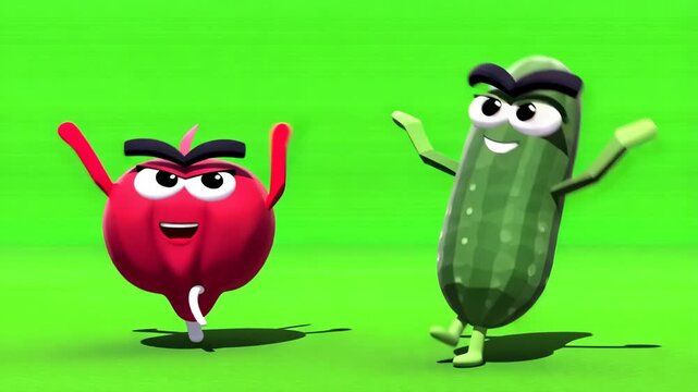 Animated cartoon vegetables beetroot and cucumber character dancing happy with green background