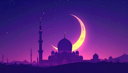 Celestial Mosque: A majestic mosque stands silhouetted against a night sky, a radiant crescent moon adding ethereal glow, evoking feelings of spirituality, peace, and cultural richness.