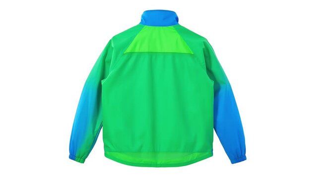 A bright green and blue windbreaker jacket shown from the back
