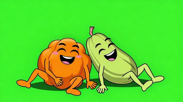 Animated cartoon vegetables relaxing on a green screen background perfect for kids content and educational materials