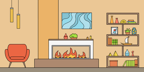 Obraz premium Fireplace in living room graphic color interior sketch illustration vector 