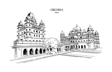 Obraz premium Orchha India Palace Architecture Sketch Keywords: Orchha, India, palace, architecture, building