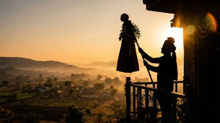 Obraz premium Silhouette of man celebrating Gudi Padwa festival at sunrise