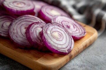Sliced red onion rings on rustic cutting board