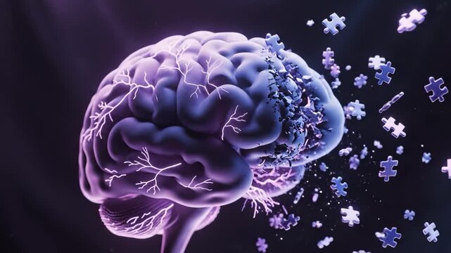Brain with puzzle pieces flying out into space